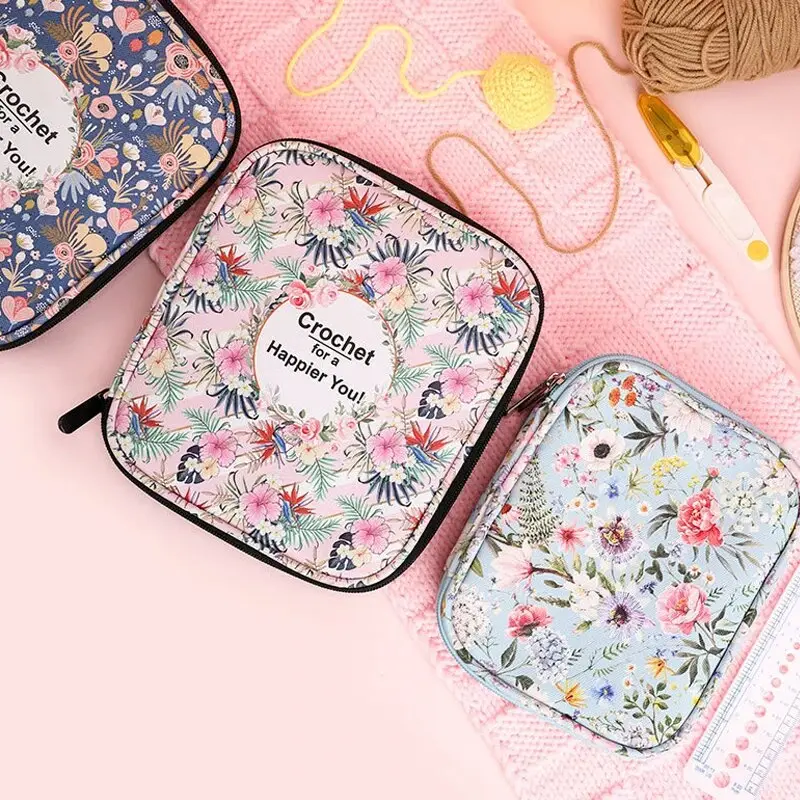Floral Hand Knitting Kit, Crochet Hook Zip Waterproof Storage Bag, DIY Printing Storage Bag, Jumper Needle Set Storage Bag