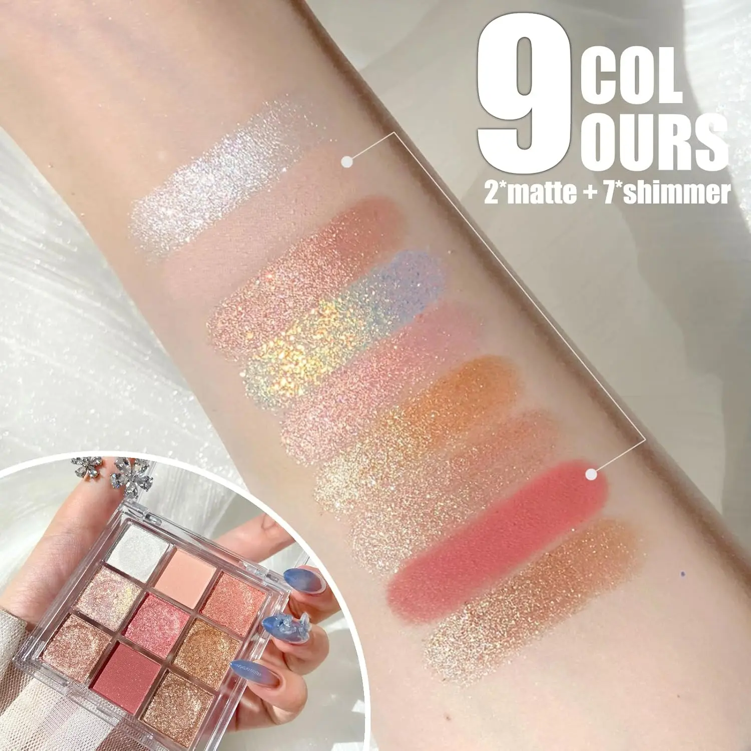 9 color Eyeshadow Palette, Glitter Eye Shadow Pallets Snow Shimmer Eyeshadow Make-Up Palettes, Matte Pink Shine Golden White