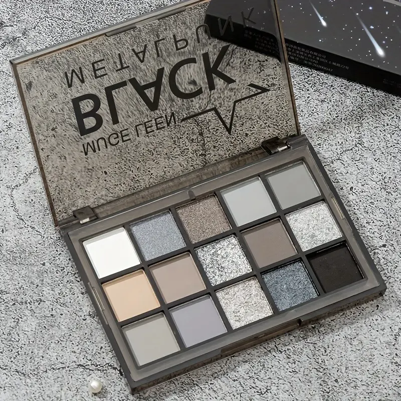 Smoky Black Eyeshadow Palettes, 15 Color Dark shimmer matte metallic makeup palette, light gray, dark silver
