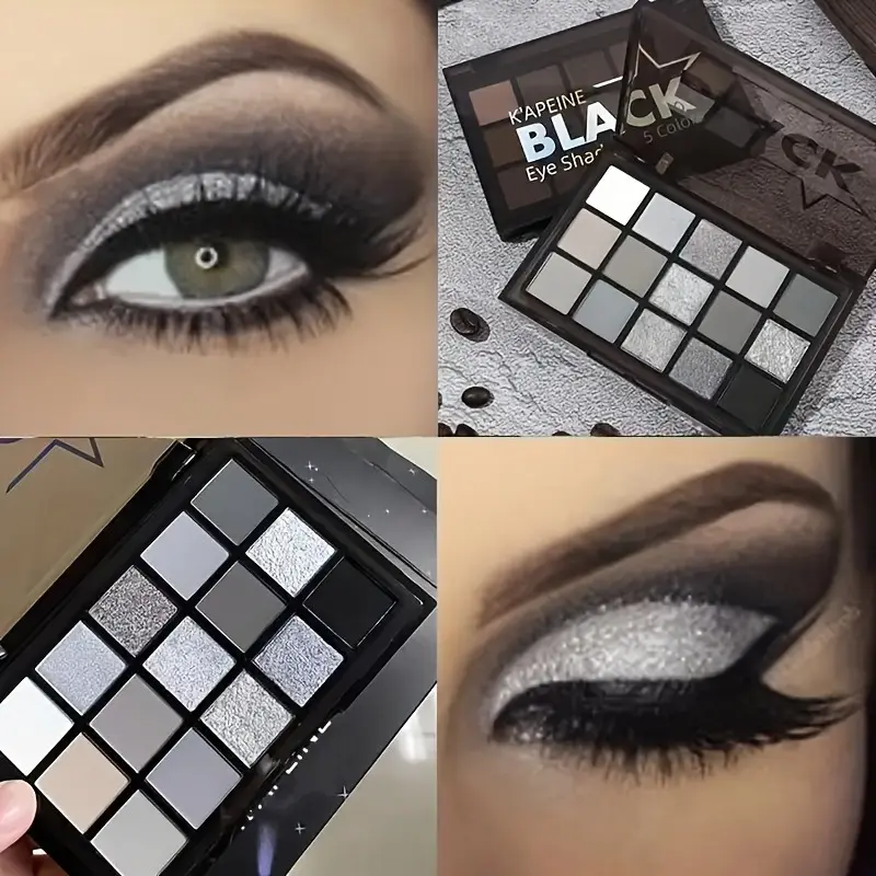 Smoky Black Eyeshadow Palettes, 15 Color Dark shimmer matte metallic makeup palette, light gray, dark silver