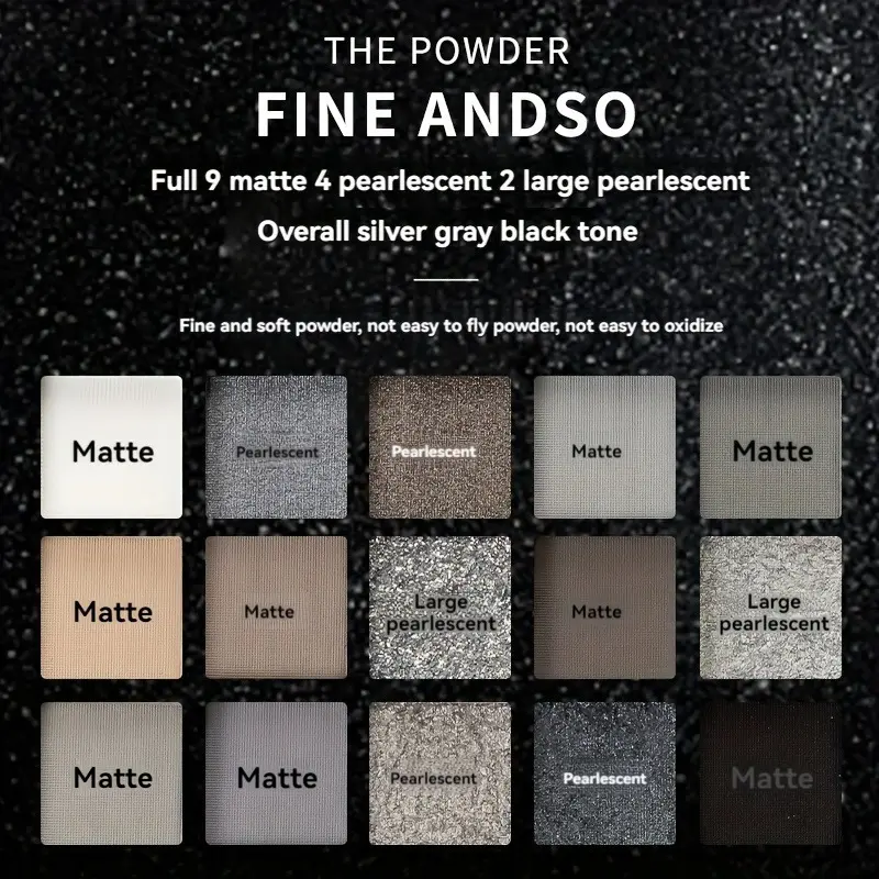 Smoky Black Eyeshadow Palettes, 15 Color Dark shimmer matte metallic makeup palette, light gray, dark silver