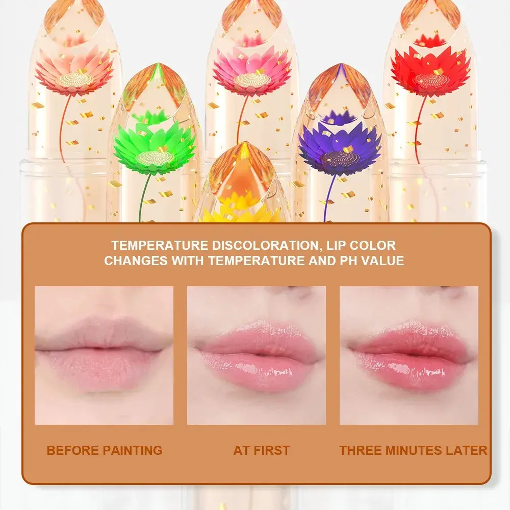 3 Pcs/Set Flower Jelly Lipstick Gift Set Temperature Change Moisturizer Long Lasting Magic Color Change Lip Gloss for Women