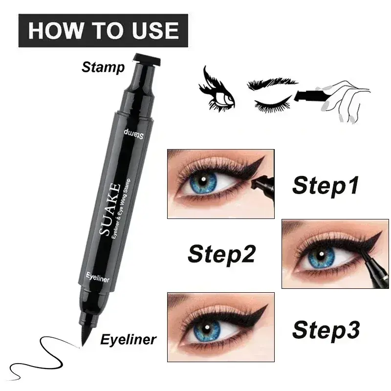 Waterproof Fast Dry Black Liquid Eyeliner Pen with Seal Stamp Feature Double-Ended Eye Liner Pencil Cosmetic for Perfect Eyes