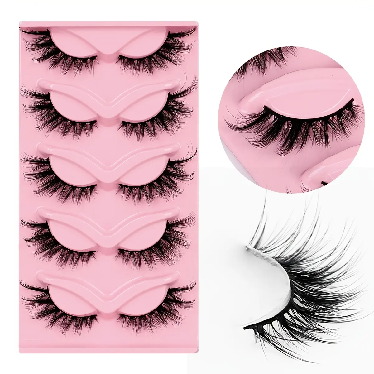 Fox Winged Cat Eye False Eyelashes, 5-Pairs, Black Stem, Dense & Curly, Natural Look, Daily Commute