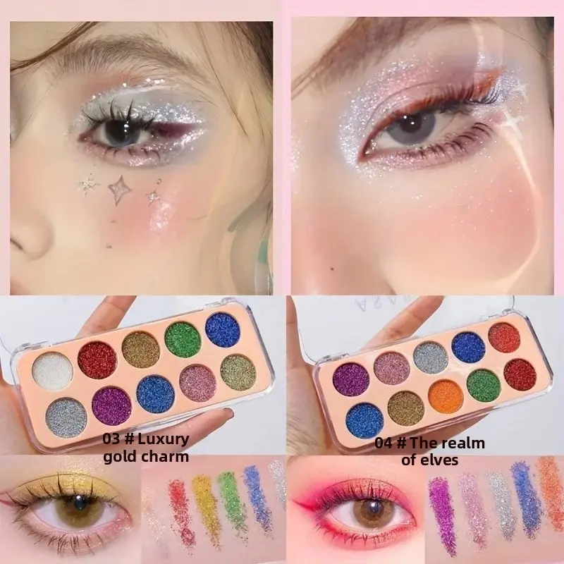 10-Color Glitter Eyeshadow Palette Shimmer Metallic Sparkly Pigmented Long Lasting Stage Performance Makeup Set