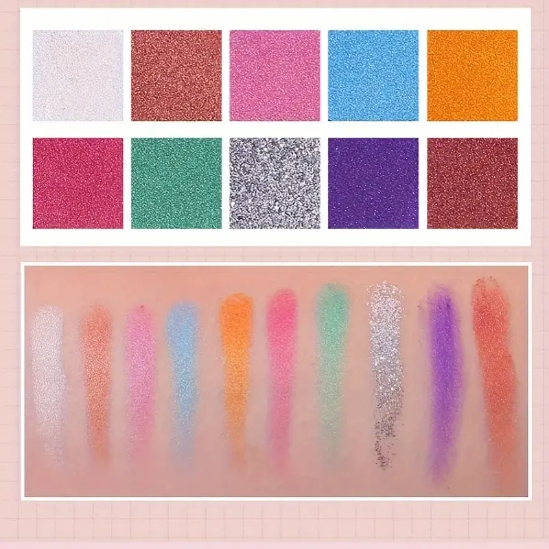 10-Color Glitter Eyeshadow Palette Shimmer Metallic Sparkly Pigmented Long Lasting Stage Performance Makeup Set