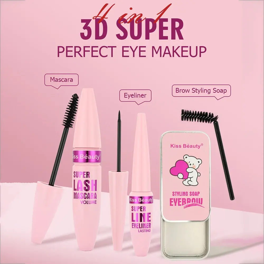 Volumizing 4-in-1 Makeup Set - Curling Mascara Brow Gel Eyeliner Quick-Dry Waterproof Long-lasting for Bold Lashes&Defined Eyes