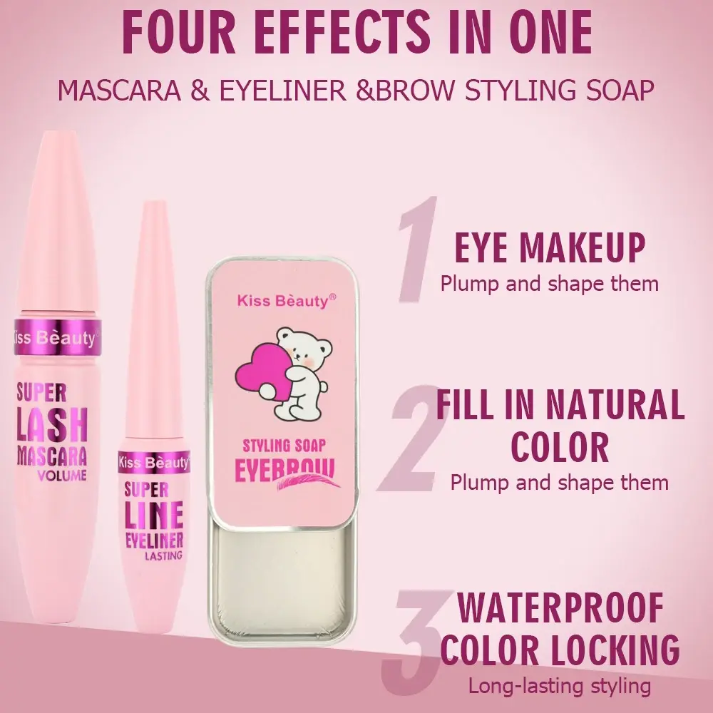 Volumizing 4-in-1 Makeup Set - Curling Mascara Brow Gel Eyeliner Quick-Dry Waterproof Long-lasting for Bold Lashes&Defined Eyes
