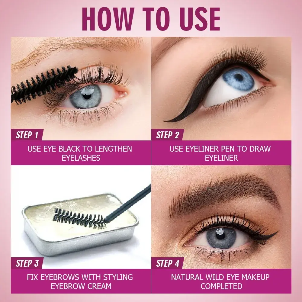 Volumizing 4-in-1 Makeup Set - Curling Mascara Brow Gel Eyeliner Quick-Dry Waterproof Long-lasting for Bold Lashes&Defined Eyes