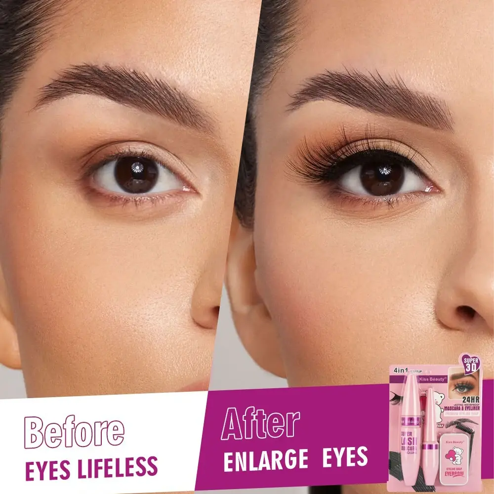 Volumizing 4-in-1 Makeup Set - Curling Mascara Brow Gel Eyeliner Quick-Dry Waterproof Long-lasting for Bold Lashes&Defined Eyes