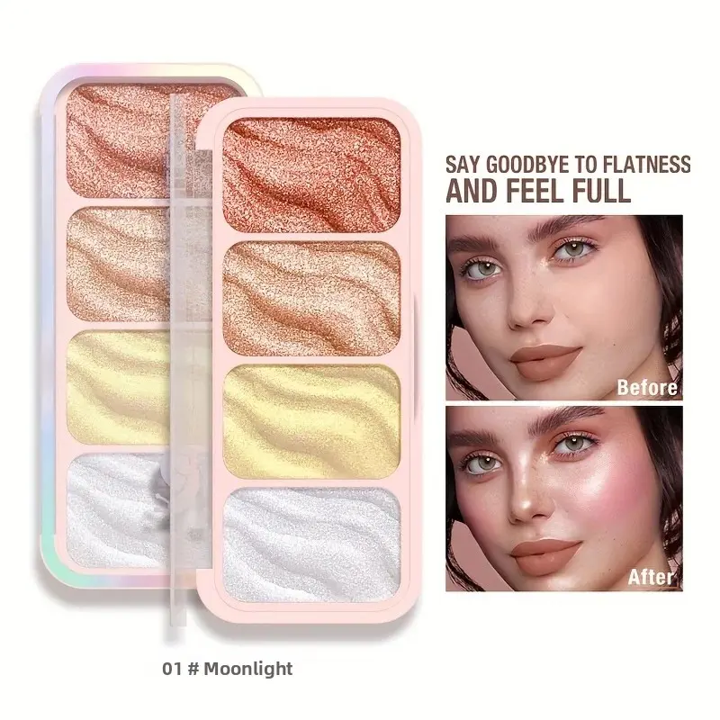 4-Color Highlighter Palette Pearl Shimmer Diamond Glow Waterproof Long-Lasting Makeup for Face & Eye Daily Party Holiday Use