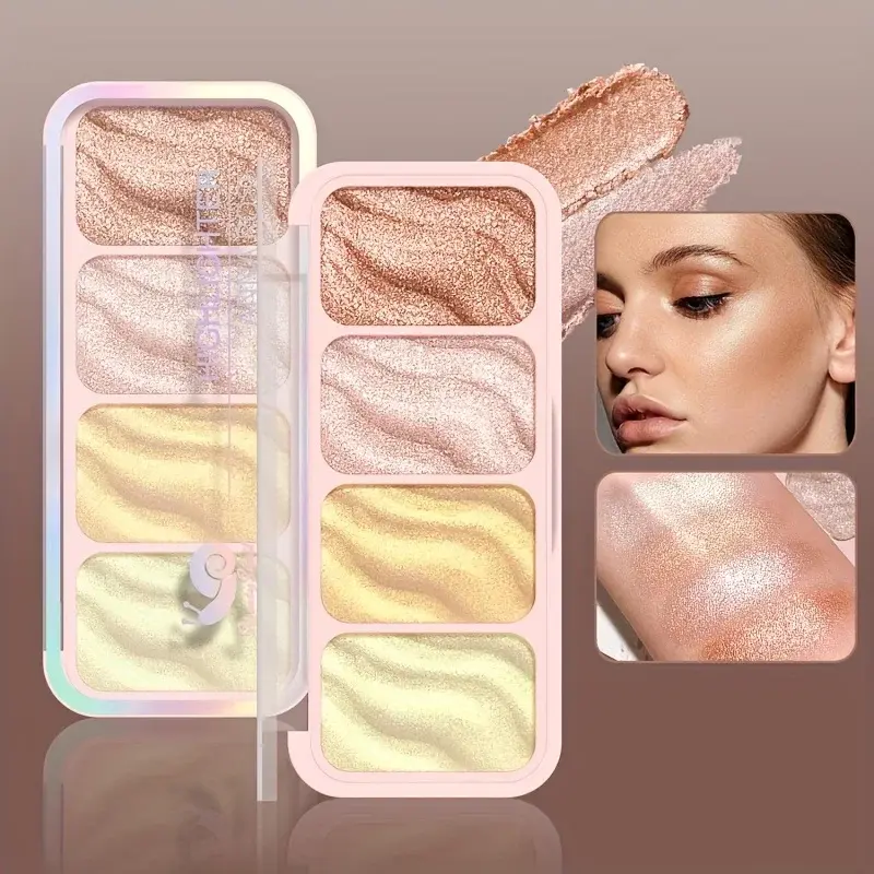 4-Color Highlighter Palette Pearl Shimmer Diamond Glow Waterproof Long-Lasting Makeup for Face & Eye Daily Party Holiday Use