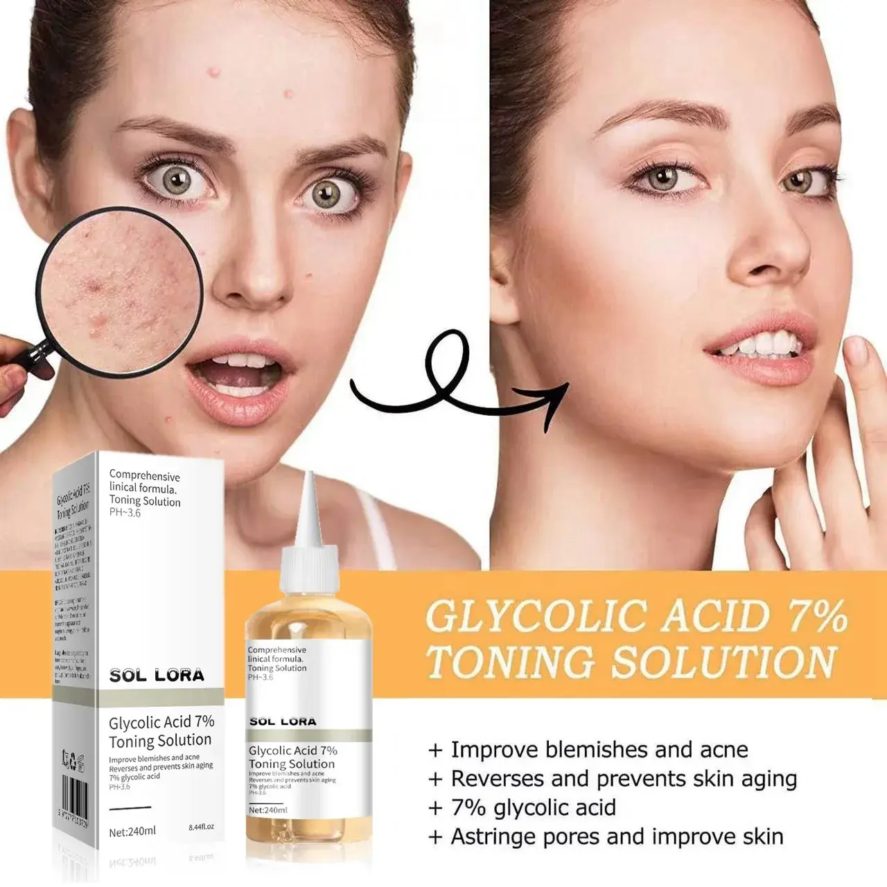 240ml  Glycolic Acid 7% Toning Solution Wrinkles Acne Removal & Skin Moisturizing Rejuvenating Lotion for Healthy Complexion
