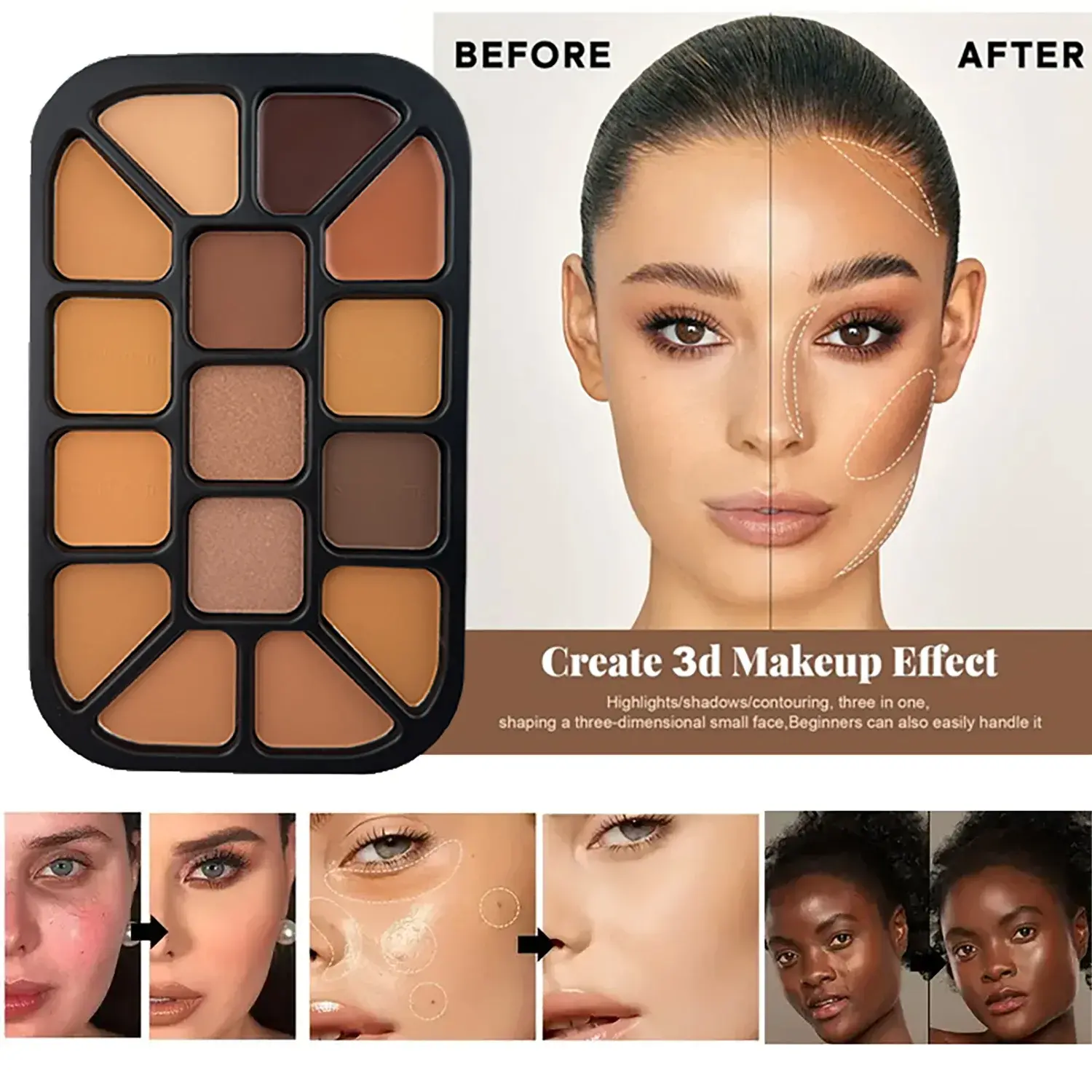 15-Color Face Contour Powder Palette Matte Highlighter Natural Shading Concealer Wet & Dry Formula for Face Sculpting Makeup