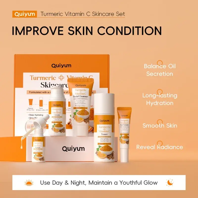 Quiyum 5PCS Set Facial Moisturizer - Turmeric & Vitamin C Skin Care for Brightening Hydrating - Anti-Aging Beauty Essentials