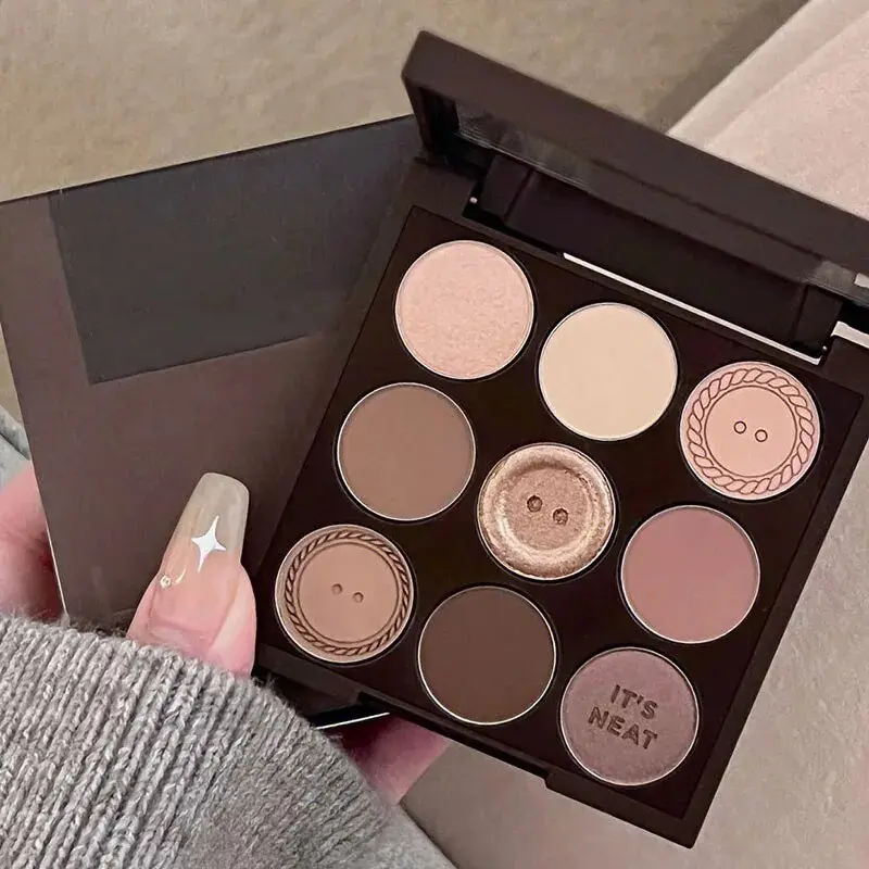 9-Color Eyeshadow Palette Earth Tones Brown Shimmer Matte Finishes Long-Lasting Pearl Dust for Daily Korean Makeup Look