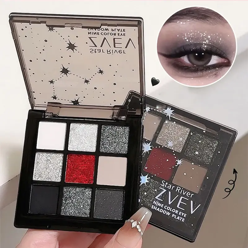 Black Red Punk Smoked 9 Colors Eyeshadow Palette - Waterproof Glitter Pearl Cold Dark Color Makeup Lasting Eyeshadow