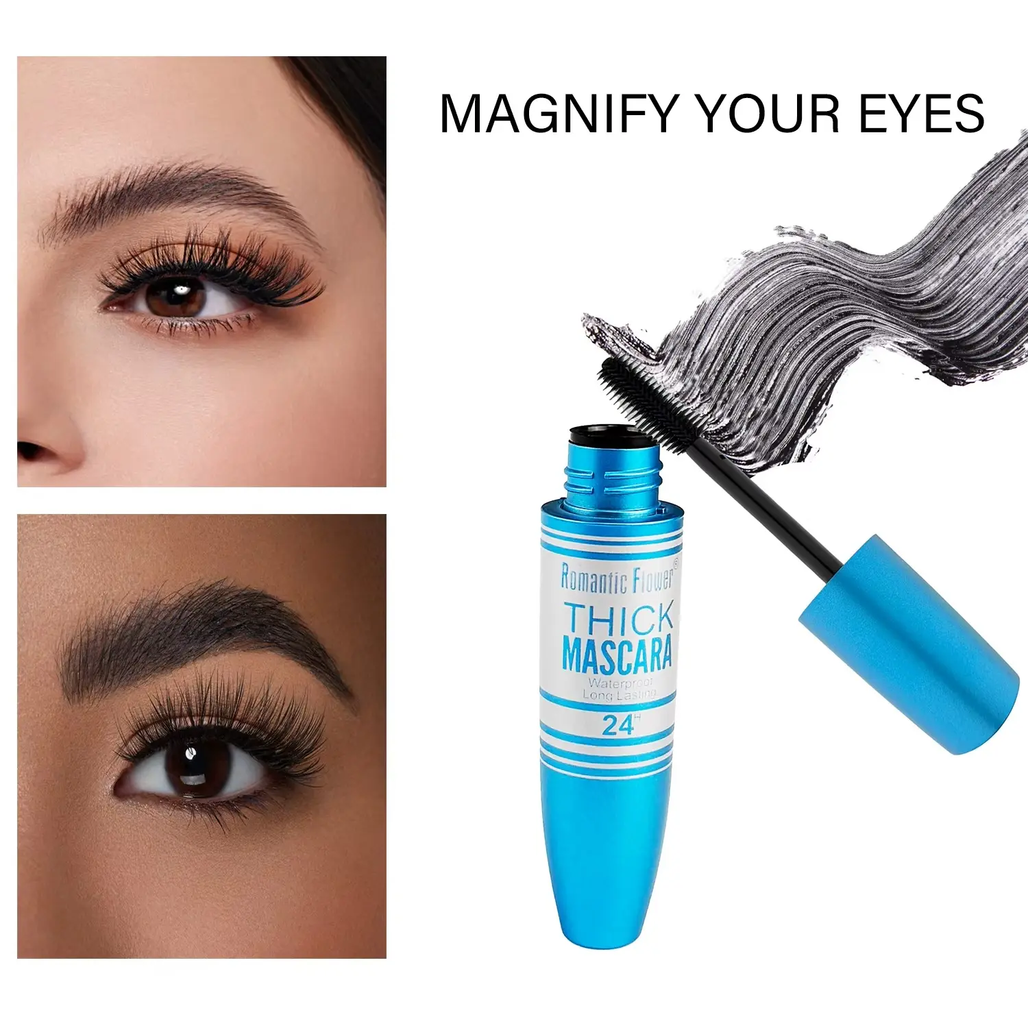 Waterproof 4D Lash Volumizing Mascara Long-Lasting 24-Hour Smudge-Proof Mascara for Thickened Lengthened Curling Eyelashes