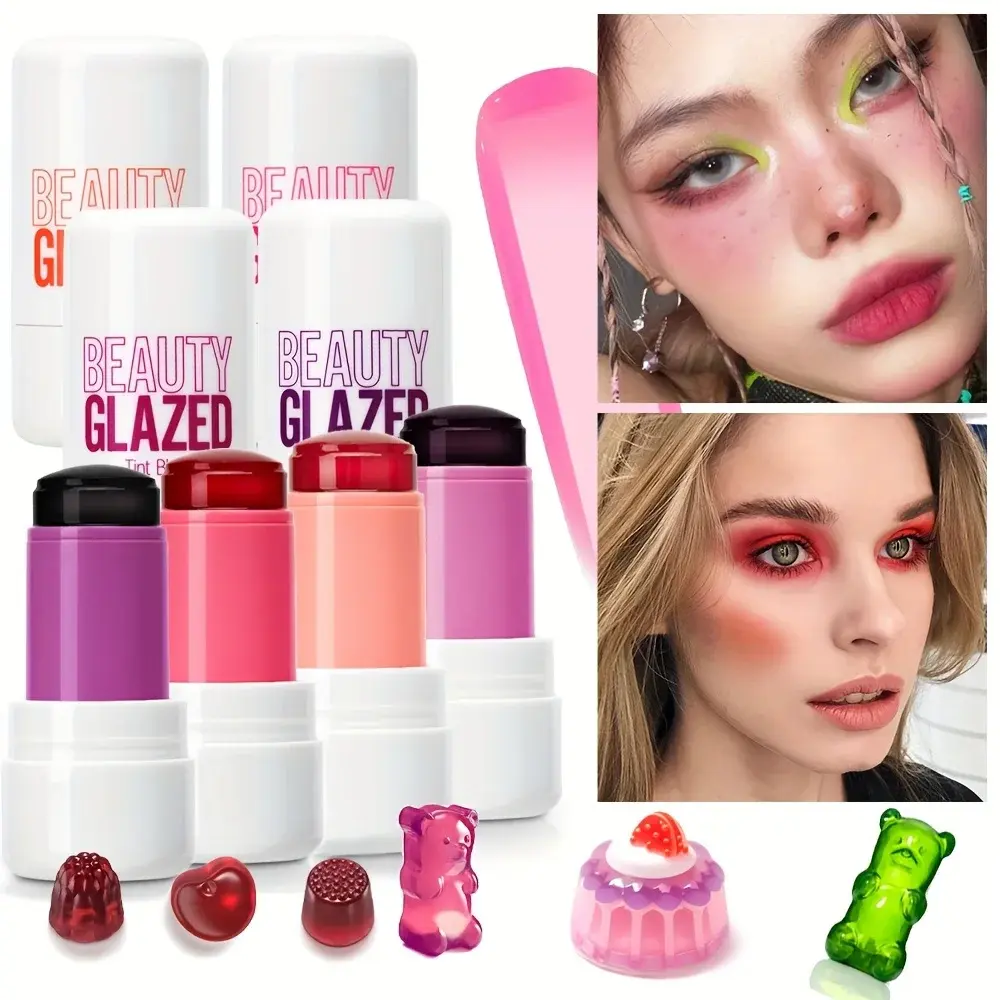 Beauty Glazed 4 Color Moisturizing Jelly Blush,Easy To Apply Long-lasting Waterproof Multifunctional 3-in-1 Makeup Blush Stick