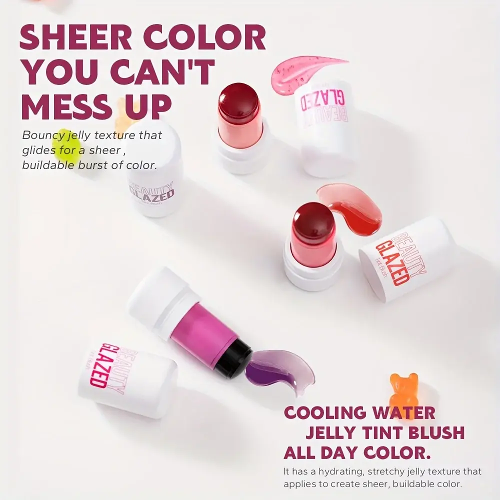 Beauty Glazed 4 Color Moisturizing Jelly Blush,Easy To Apply Long-lasting Waterproof Multifunctional 3-in-1 Makeup Blush Stick
