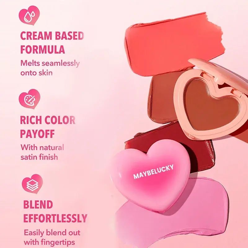 3-in-1 Smooth Blush Cream Heart-Shaped Waterproof Long-lasting Matte Finish Easy to Wear Natural Color Lip Cheek Eye Makeup