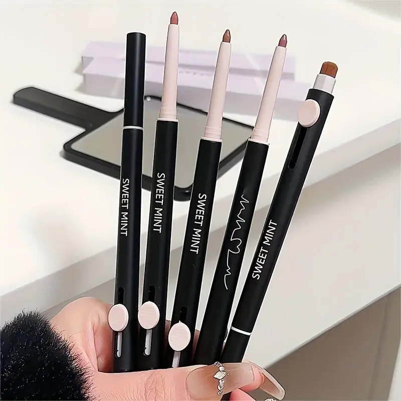 Tapered Tip Lip Liner Pencil with Brush Matte Red Brown Plumping Lip Stain Lasting Waterproof Fine Lipstick Slim Lip Contour