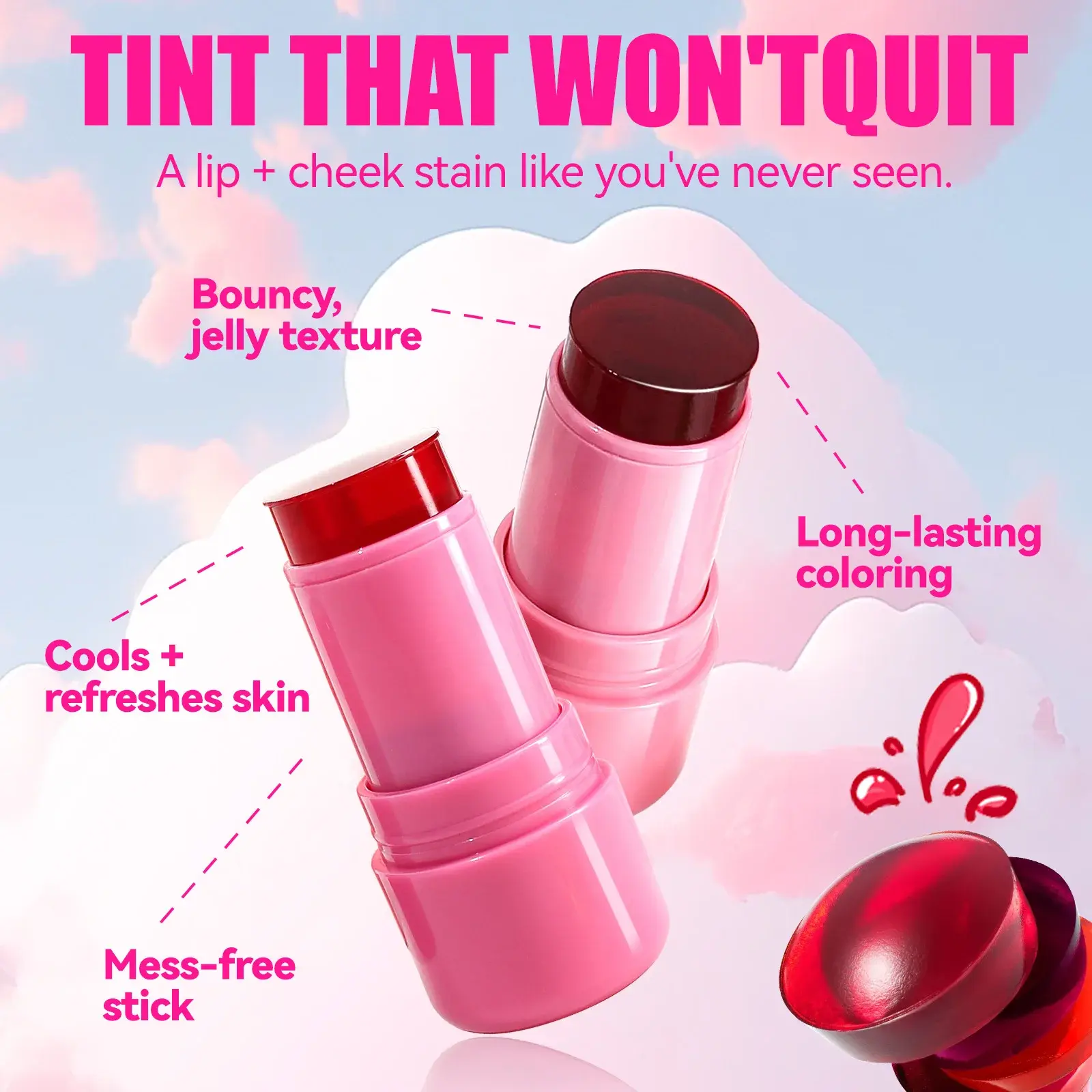 4 Color Multi-Purpose Jelly Blush Stick Lip And Cheek Stick Sheer Tint Cooling Water Blush Long-Lasting Natural Look Makeup