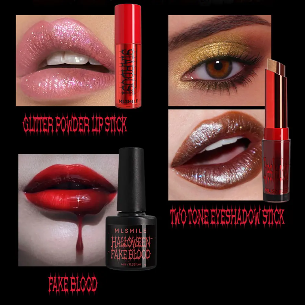 Halloween Special Effects Makeup Set - Fake Blood Lip Tint Eyeshadow 3D Self-Adhesive Nail Art Stickers for Party SFX