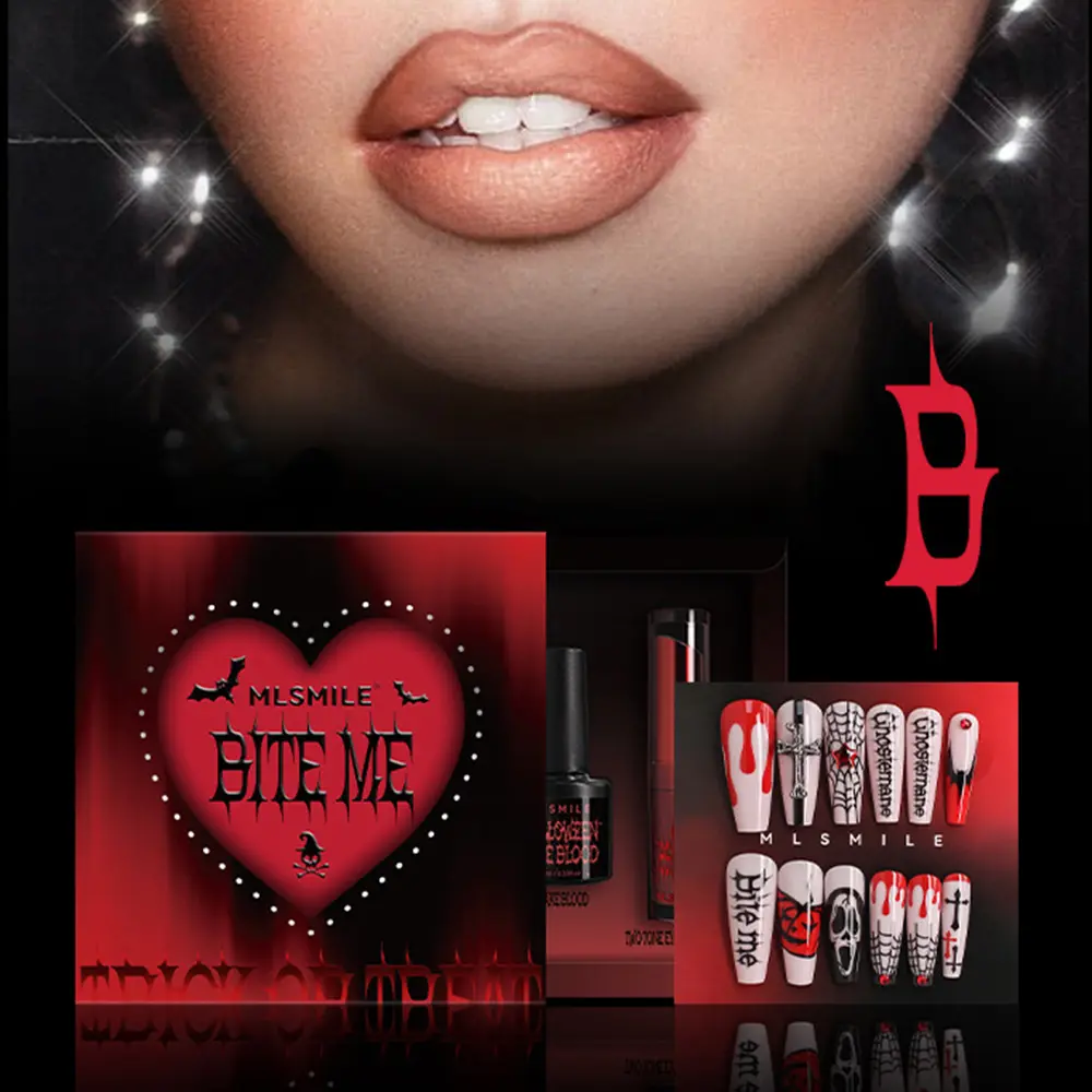 Halloween Special Effects Makeup Set - Fake Blood Lip Tint Eyeshadow 3D Self-Adhesive Nail Art Stickers for Party SFX