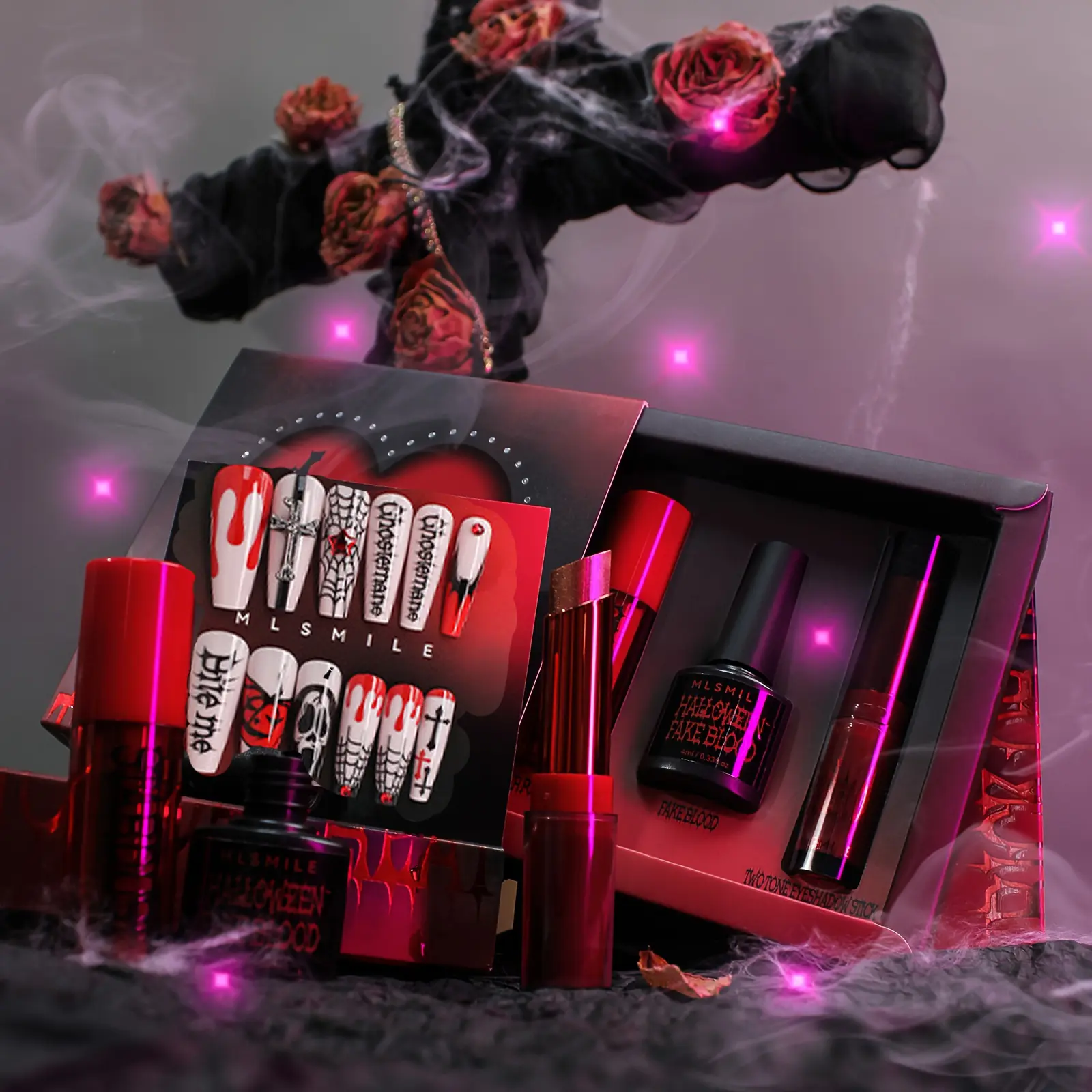 Halloween Special Effects Makeup Set - Fake Blood Lip Tint Eyeshadow 3D Self-Adhesive Nail Art Stickers for Party SFX