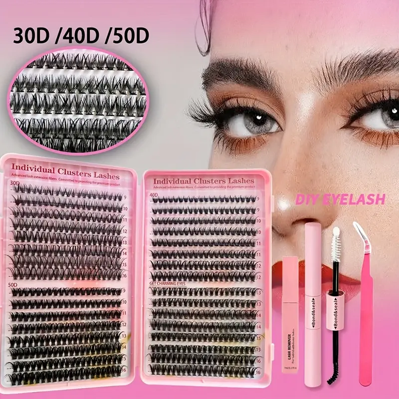 640Pcs Eyelash Extension Kit 30/40/50D Clusters D Curl 9-16mm Individual Lashes with Bond Seal Tweezers & Brush for Professional