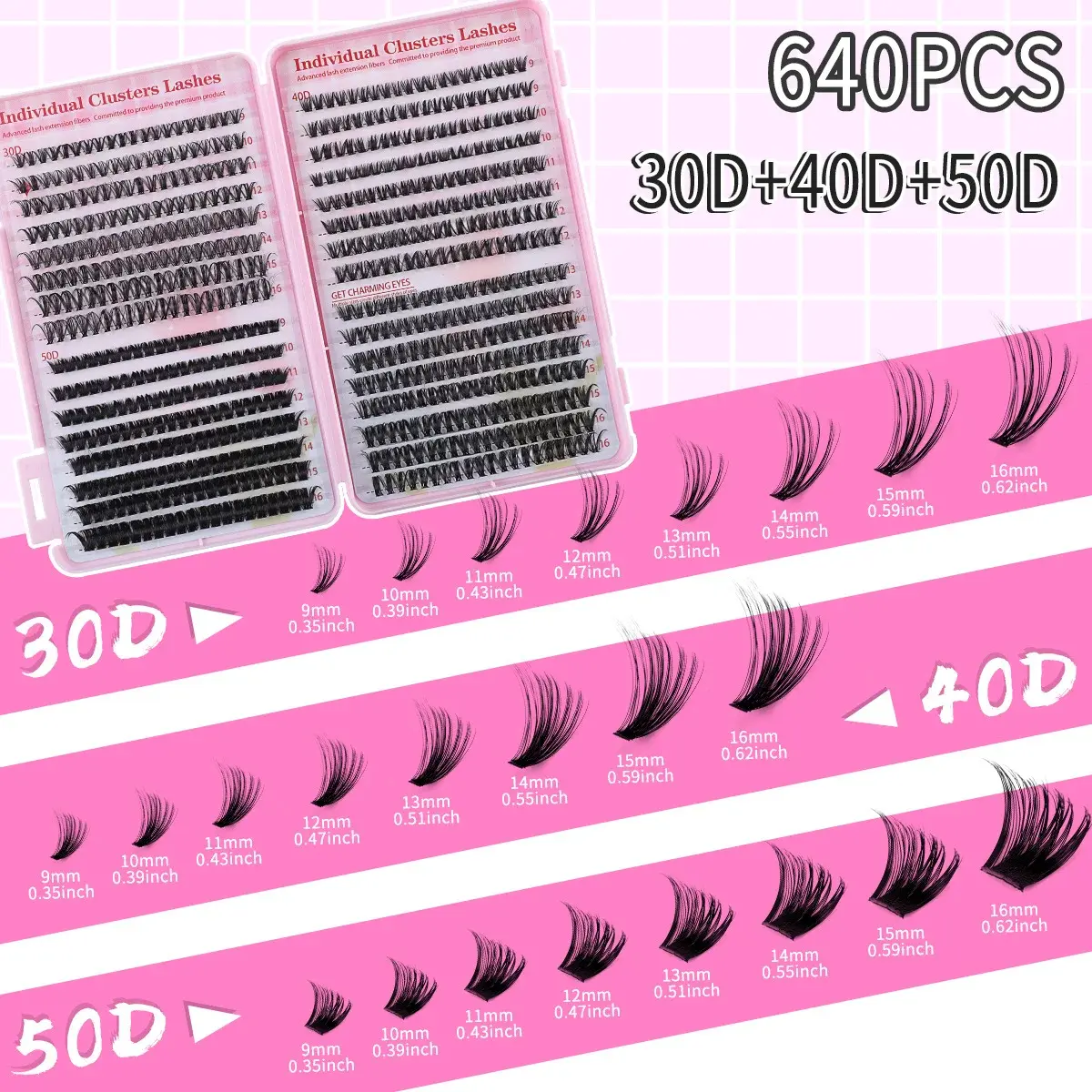 640Pcs Eyelash Extension Kit 30/40/50D Clusters D Curl 9-16mm Individual Lashes with Bond Seal Tweezers & Brush for Professional