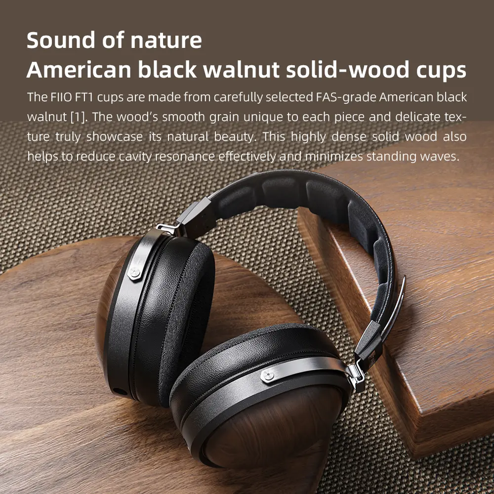 FiiO FT1-New version Closed-Back Over-Ear  Fiber Composite Diaphragm Wired Hi-Fi Headphones, American walnut Ear Cups for Studio