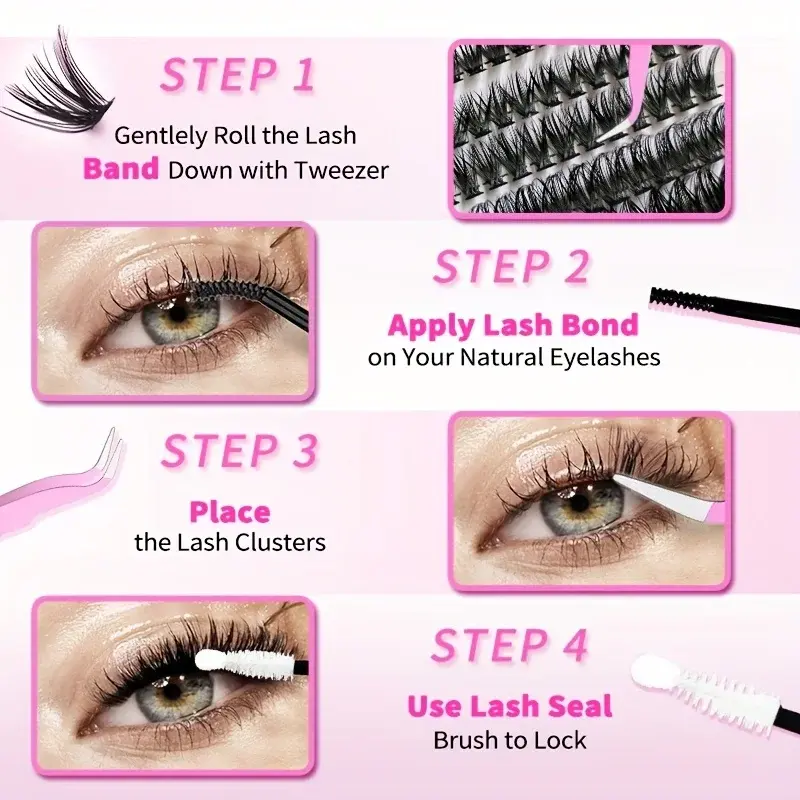 640Pcs Eyelash Extension Kit 30/40/50D Clusters D Curl 9-16mm Individual Lashes with Bond Seal Tweezers & Brush for Professional