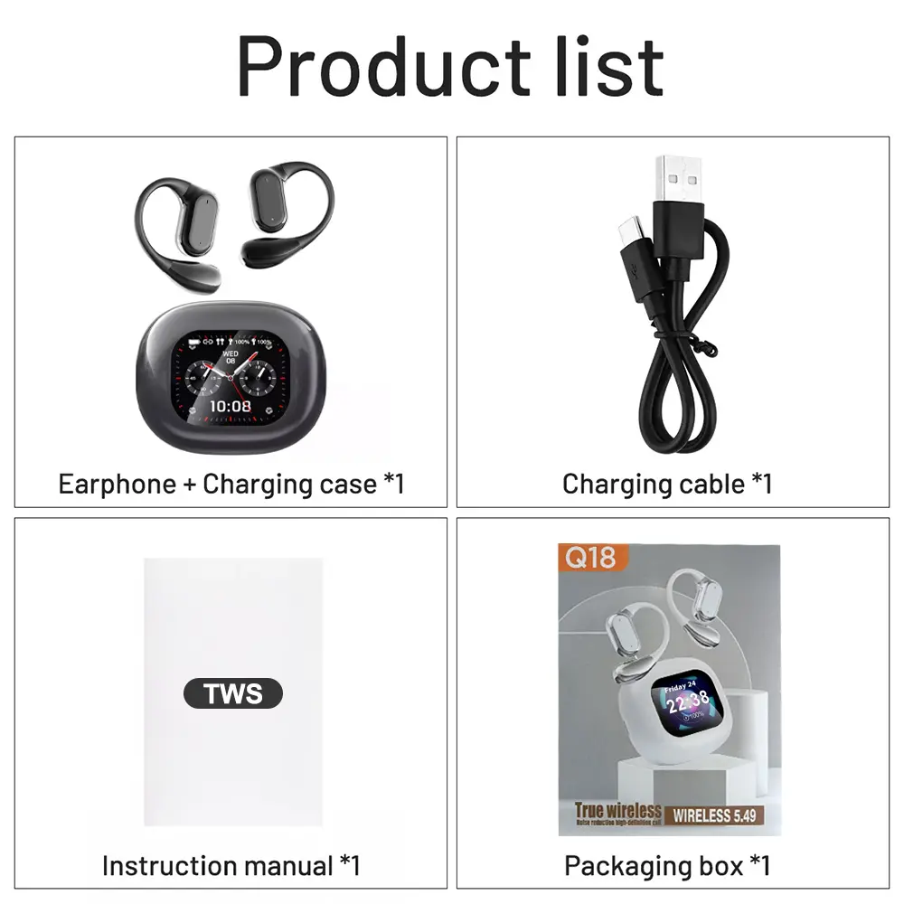 Smart Touch Screen High Quality True Wireless Bluetooth 5.4 Earphones Sports Noise Cancelling Waterproof Earhook Headphones