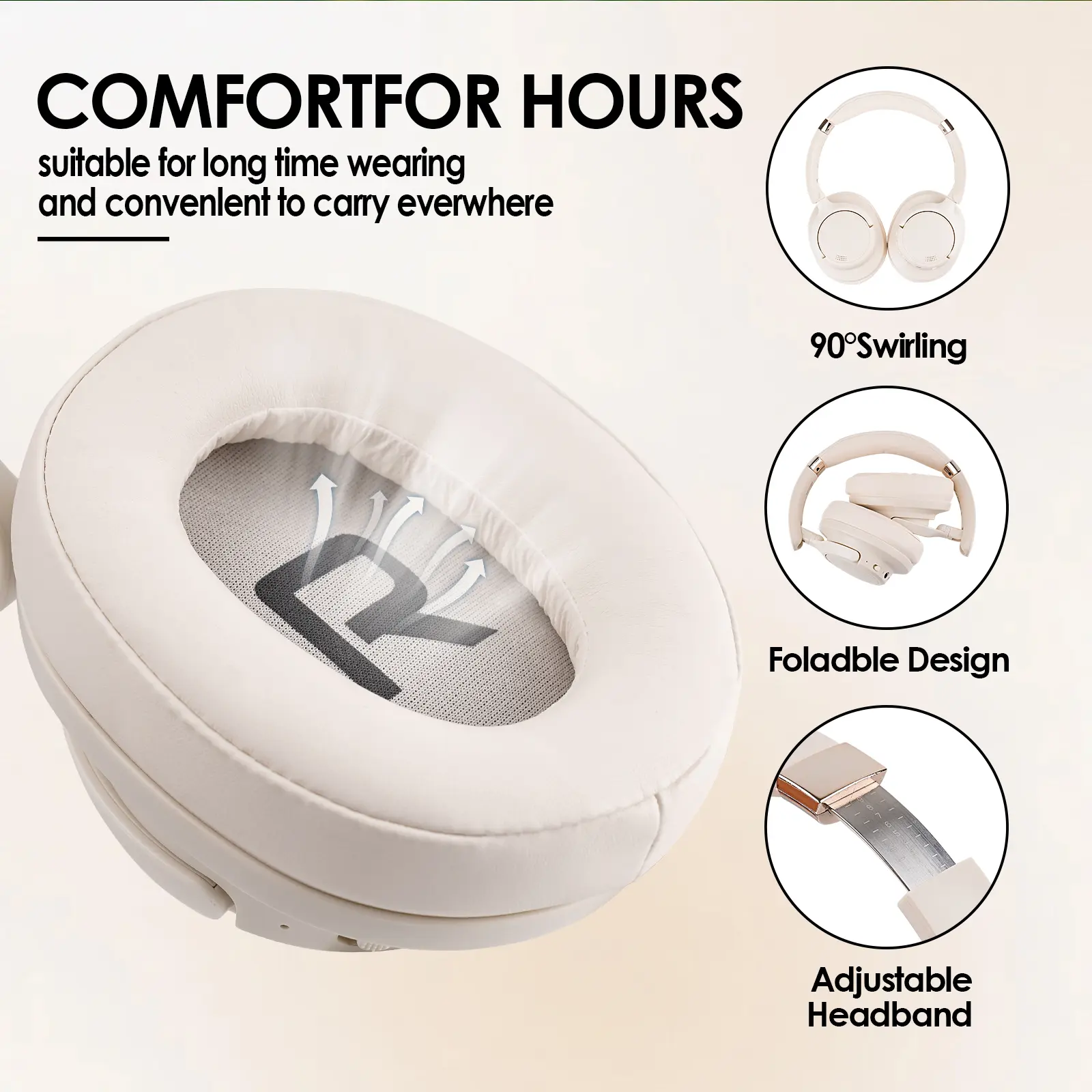 Siindoo Newest Active Noise Cancelling Wireless Headphones Over Ear Bluetooth earphones with Mic 70H Playtime JH-ANC630 Beige
