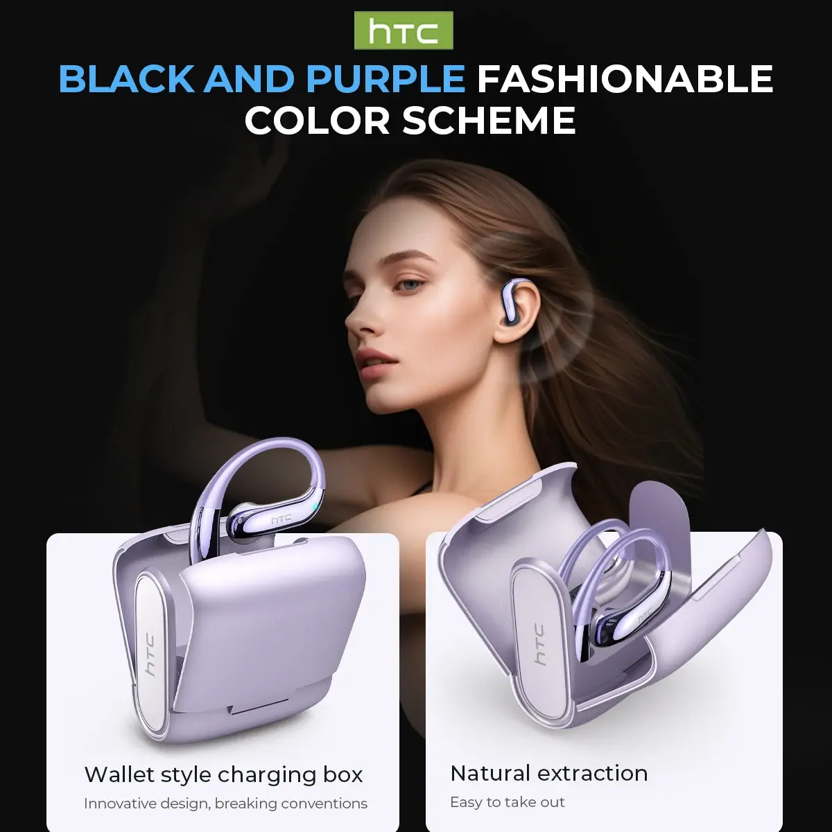HTC NE23 Earphones Bluetooth V6.0 Open-Ear Wireless Headphones AI Translator Earbuds HD Call Sleek Thin lightweight Earhook