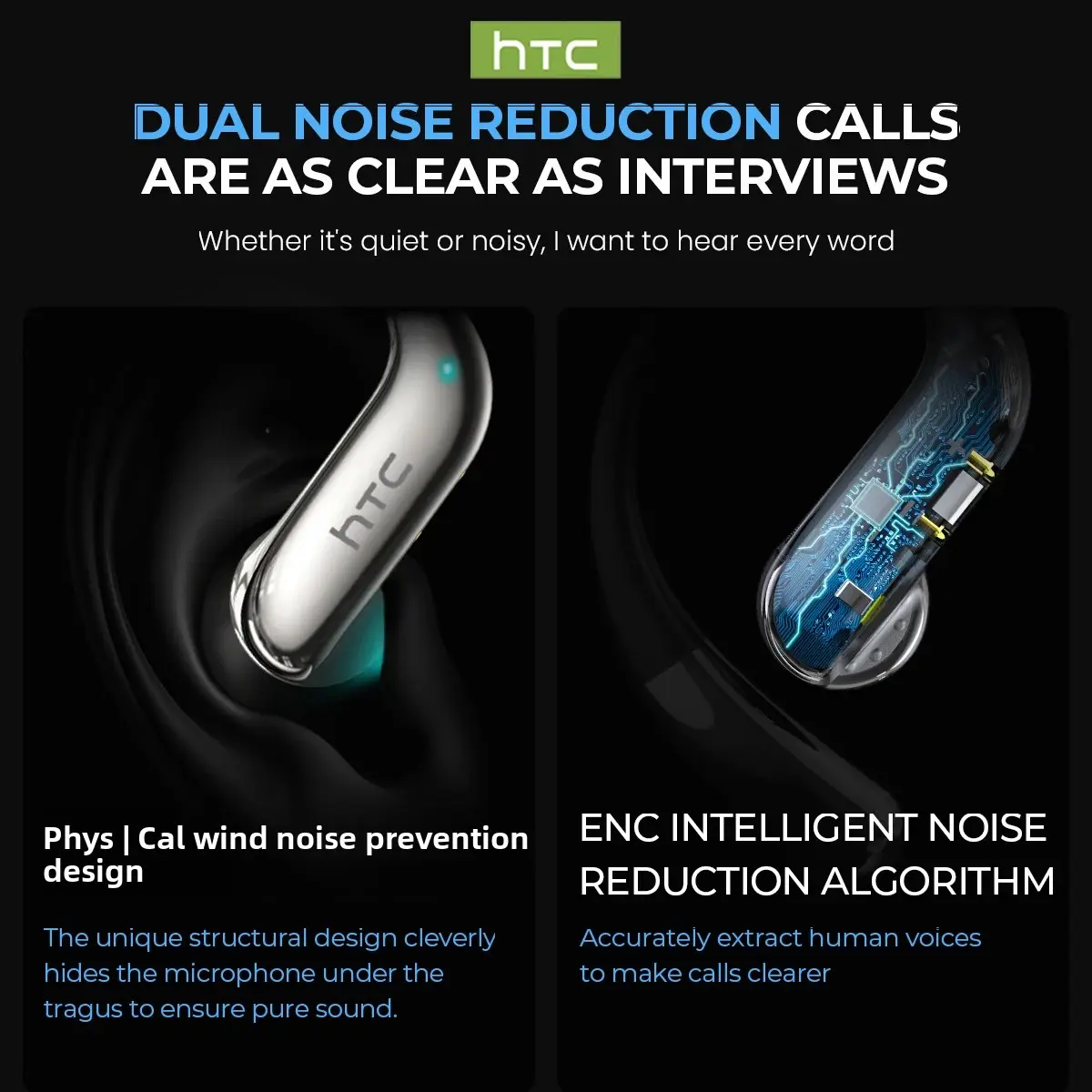 HTC NE23 Earphones Bluetooth V6.0 Open-Ear Wireless Headphones AI Translator Earbuds HD Call Sleek Thin lightweight Earhook