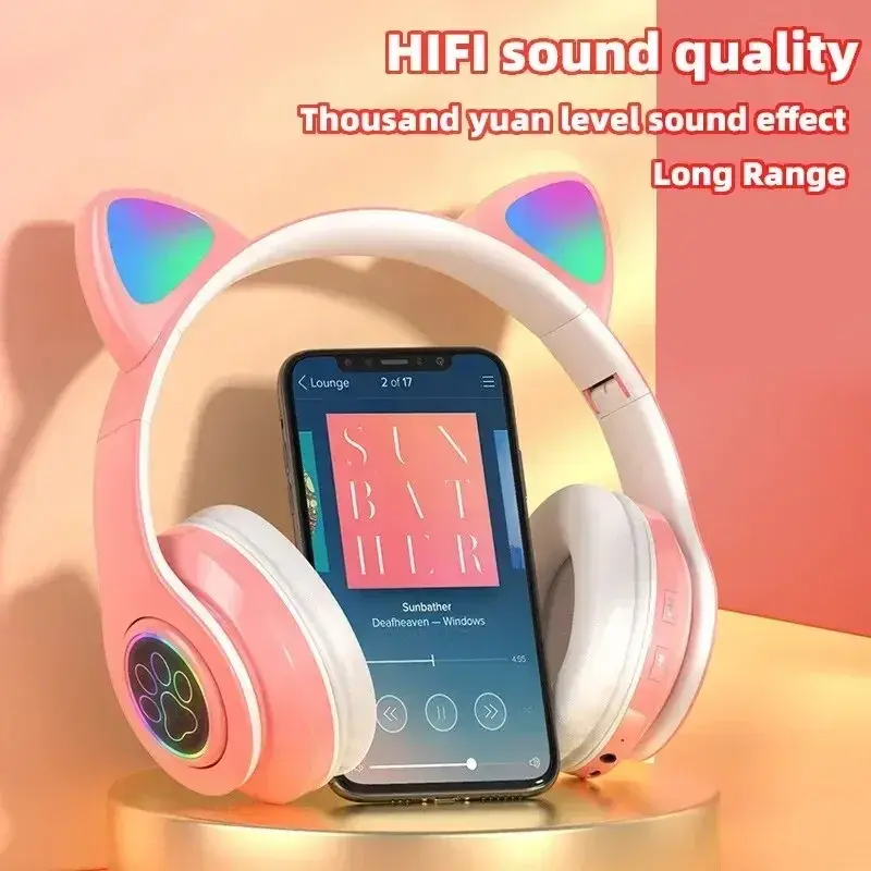 Cute Cat Wireless Headphones RGB Cute Cat Ears Headset With Microphone Noise Cancelling Kid Stereo Music Children's Gifts