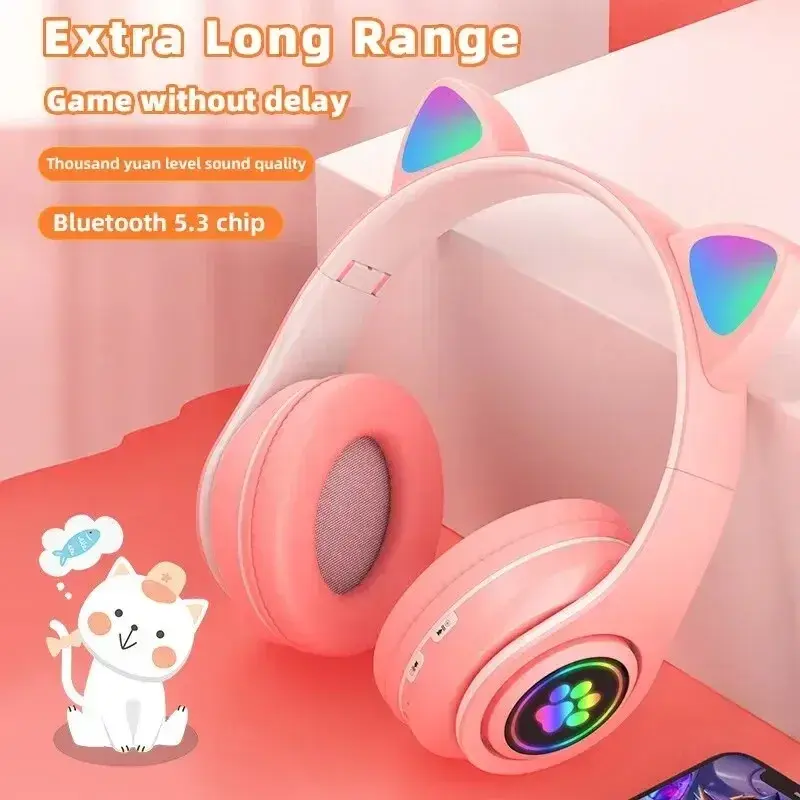 Cute Cat Wireless Headphones RGB Cute Cat Ears Headset With Microphone Noise Cancelling Kid Stereo Music Children's Gifts