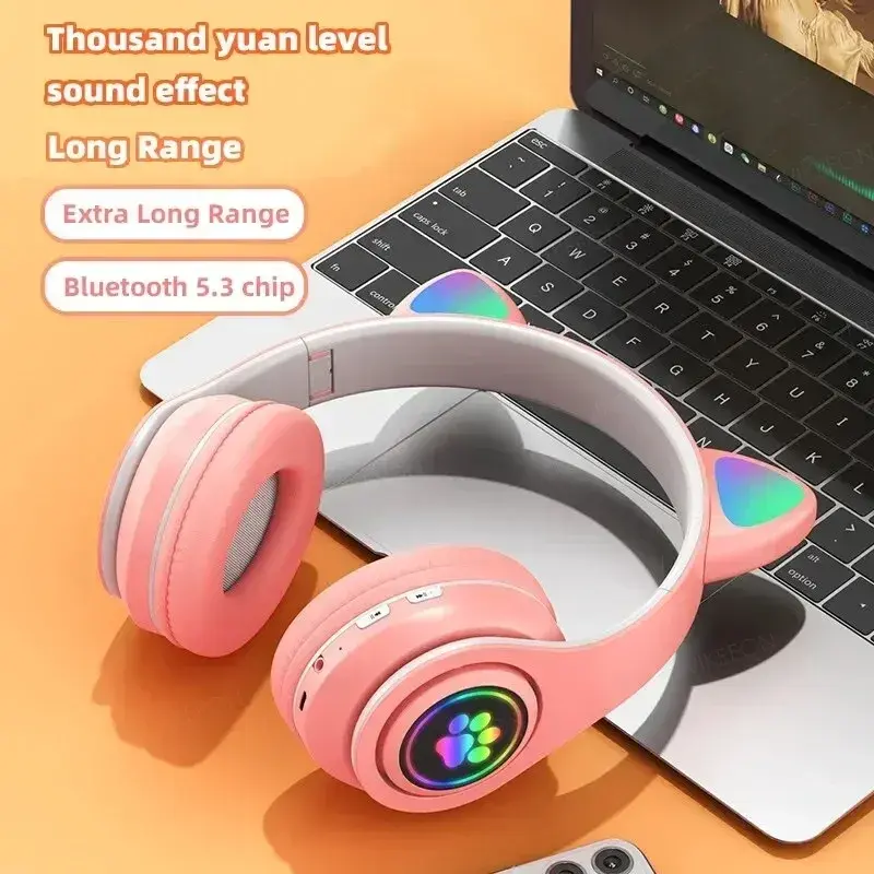 Cute Cat Wireless Headphones RGB Cute Cat Ears Headset With Microphone Noise Cancelling Kid Stereo Music Children's Gifts