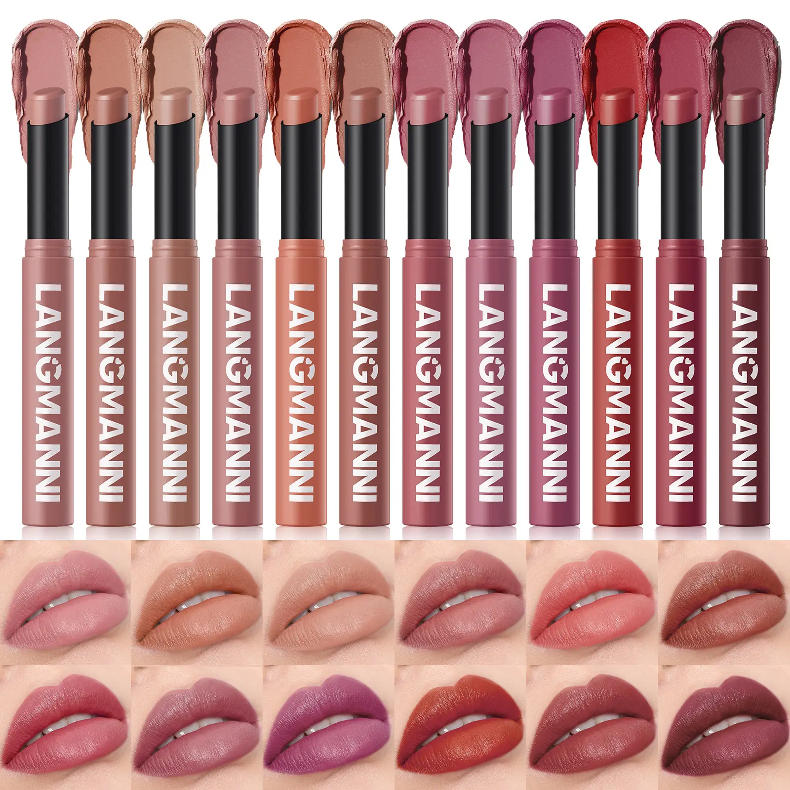 LANGMANNI Twelve-Colour Matte Velvet Diagonal Lipstick Long-lasting colour-staining waterproof non-stick cup lipstick
