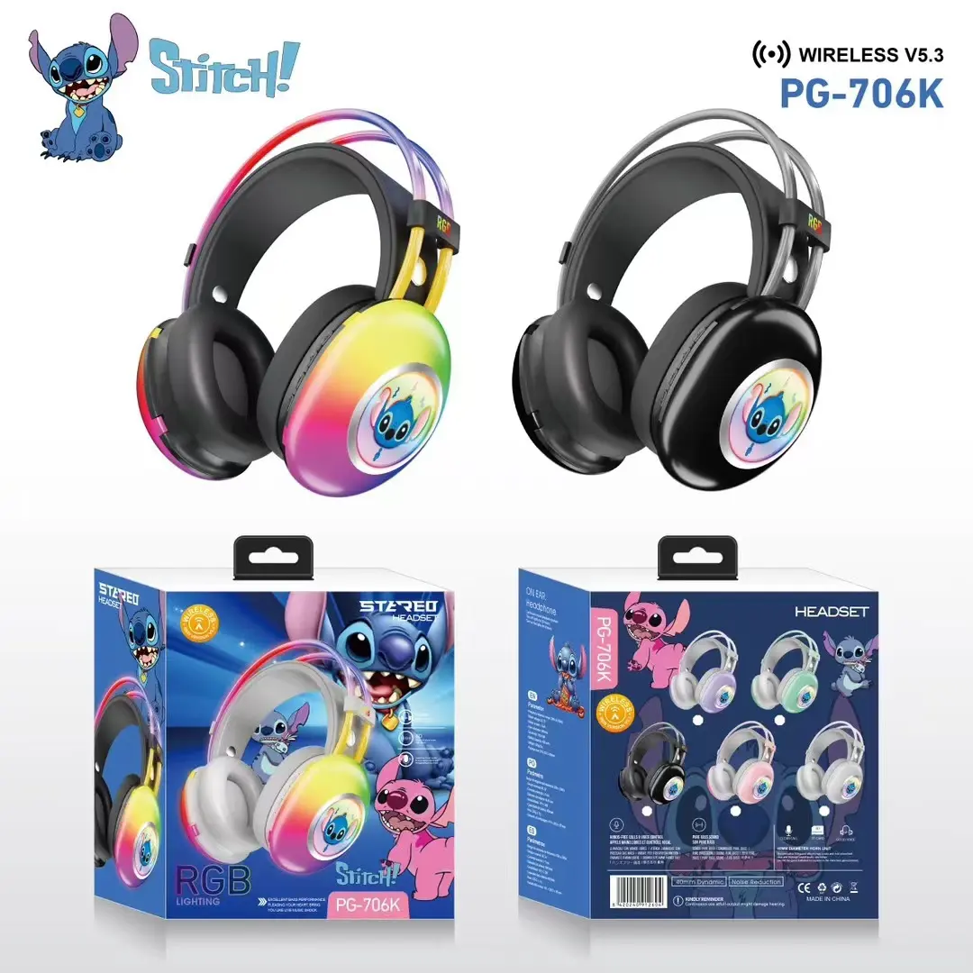 New Disney PG-706K Creative Cartoon Stitch RGB Head on Bluetooth Earphones as a Gift for Children and Students