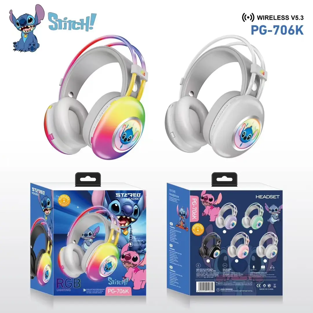 New Disney PG-706K Creative Cartoon Stitch RGB Head on Bluetooth Earphones as a Gift for Children and Students