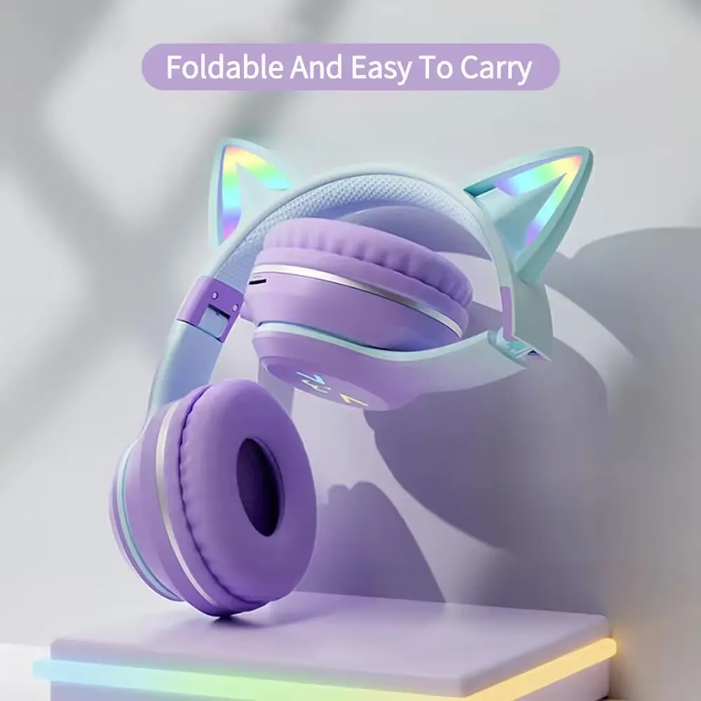 Flash Light Pink Cute Cat Ear Headphones Wireless Bluetooth Earphone Over-ear Noise Cancelling Folding Headset Girl Gift Earbuds