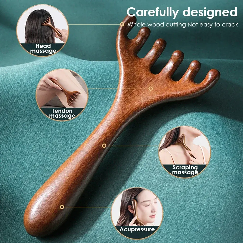 Natural Sandalwood AlwaforeMassage Comb Six-Claw Head Acupoint Massage Gua Sha Tool Neck Face Lifting Scraping Massager