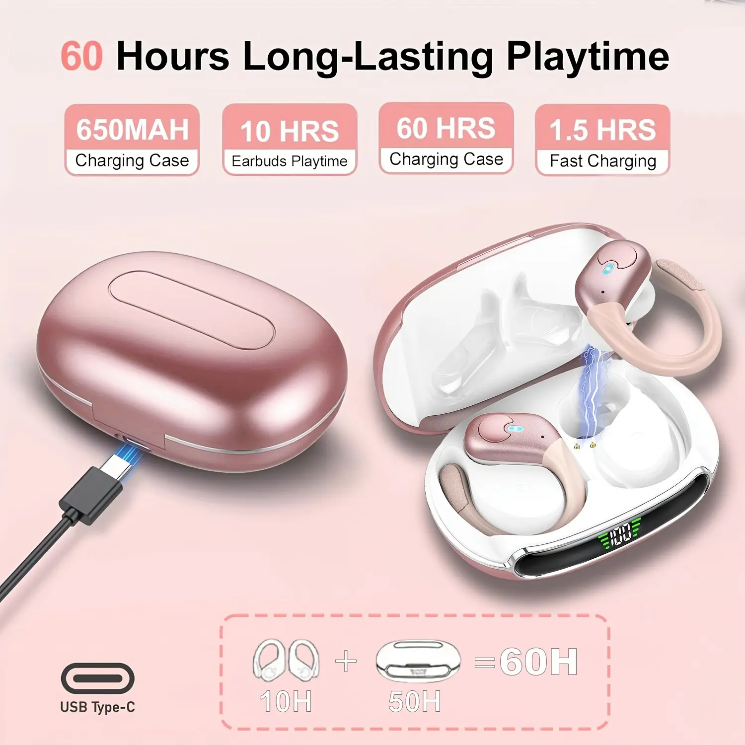 GREATWALL   New Ear-hook Wireless Bluetooth 5.3 Headphones, ENC Noise Reduct HiFi Stereo Sports Earbuds