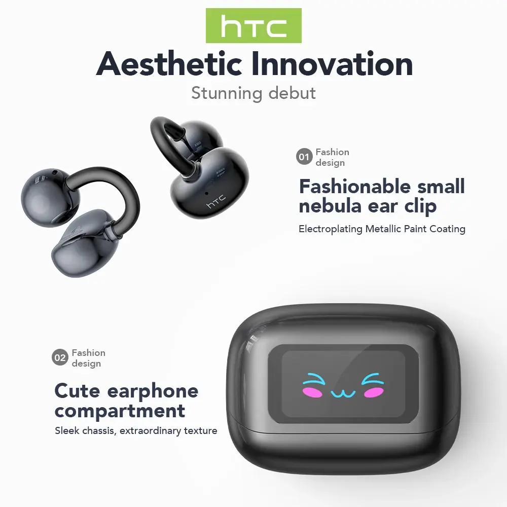 【HTC NE54】 Bluetooth V6.0 Earphones AI Translator LCD Screen Earbuds OWS Ear Clip Headphones Wireless Headphones Noise Reduction