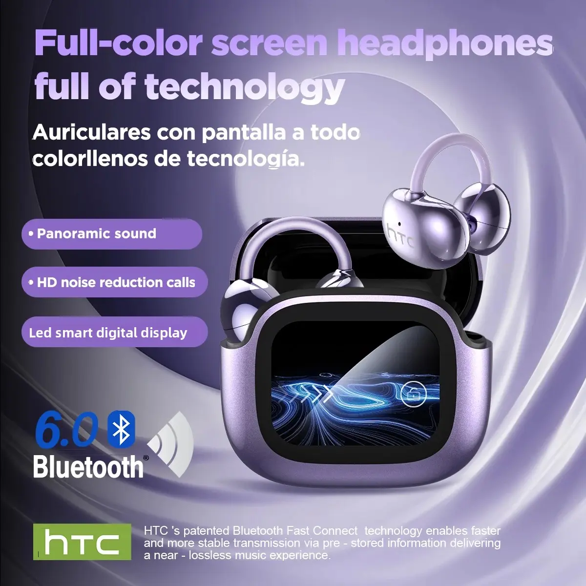 HTC NE32 Bluetooth V6.0 AI Earphones LCD Touch screen OWS Ear Clip Wireless headphones Translator Earbuds Noise Reduction call
