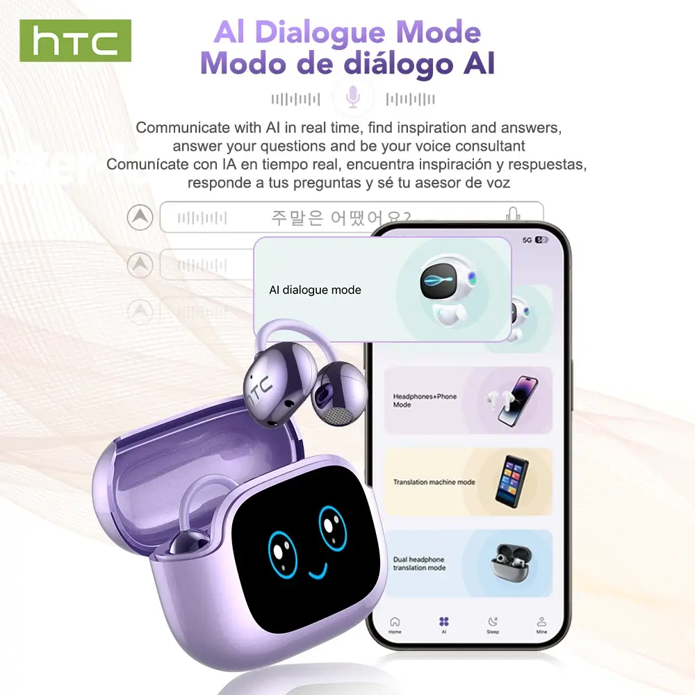 HTC NE32 Bluetooth V6.0 AI Earphones LCD Touch screen OWS Ear Clip Wireless headphones Translator Earbuds Noise Reduction call
